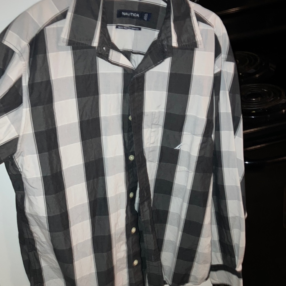 Black and white button down long sleeve, Nautica shirt, medium men’s, good condi